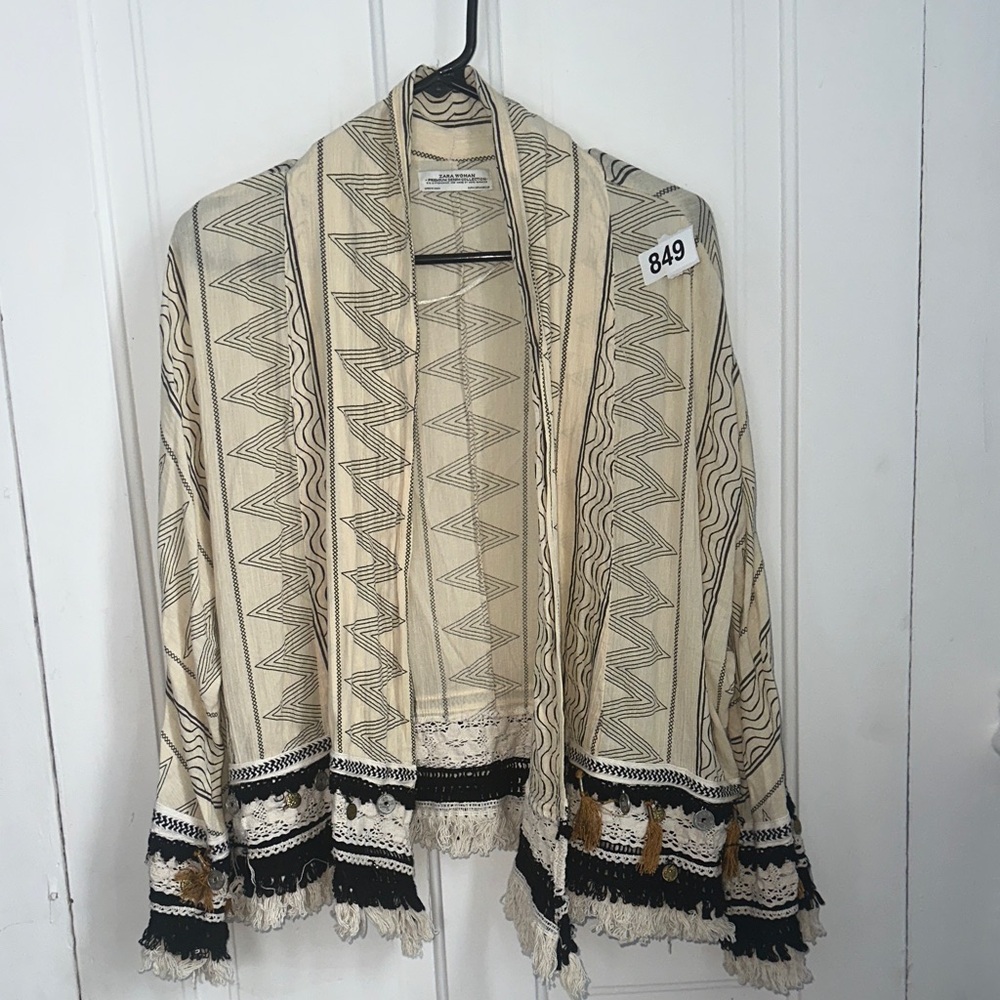 Zara Geometric Fringe Cardigan in Cream and Black Womens Medium